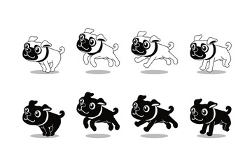 Vector cartoon character pug dog running step black and white colors