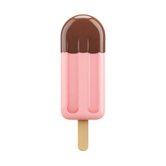 Delicious pink strawberry ice cream bar with chocolate coating on a wooden stick isolated on transparent background