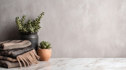 Still life composition of succulents and a soft woven throw creates a serene and inviting atmosphere with its muted color palette