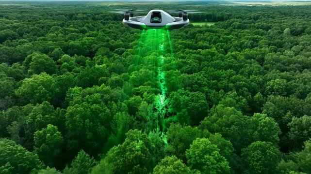 A drone with green laser scanning technology hovers above a dense forest, mapping the terrain below from the air.
