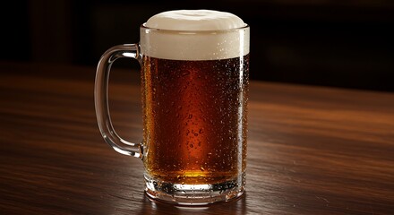 A hyper-realistic, ultra-detailed 8K image of a frosty glass mug filled with golden draft beer, placed on a polished wooden bar counter. The beer has a thick, foamy head spilling slightly over the rim