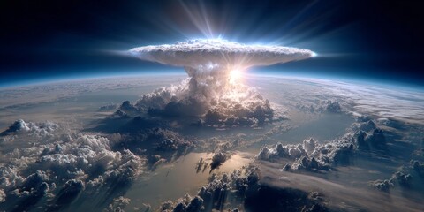 Nuclear explosion creating a mushroom cloud over planet earth