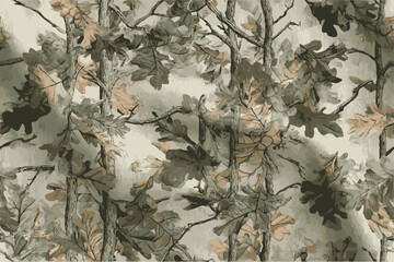 A camouflage pattern with an oak tree theme, featuring leaves and branches in earthy tones of green, brown, and grey, set against the backdrop of a natural woodland