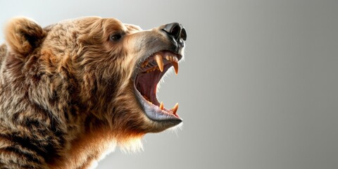 Brown bear showing teeth and roaring wildly on gray background