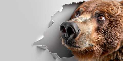Brown bear peeking through torn paper hole