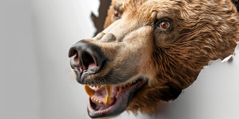 Brown bear breaking through white background growling and showing teeth