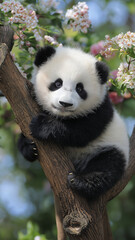 Obraz premium Cute Baby Panda on Tree Branch Surrounded by Blossoming Flowers 
