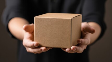 Hands offering a plain cardboard box The gift of a package delivery or mysterious present is presented with an outstretched hand