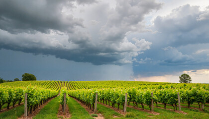 Fototapeta premium Vibrant vineyard under stormy sky, dramatic panoramic landscape