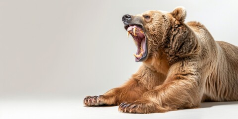 Brown bear roaring showing teeth and claws on white background