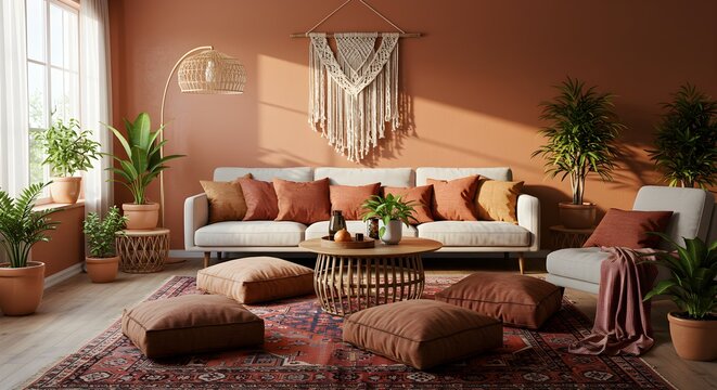 Bohemian living room with soft colors