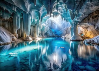 Icy cavern with serene blue pool and crystalline formations