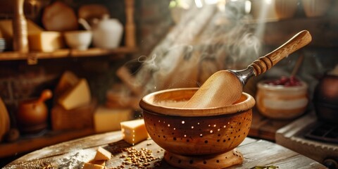 Cheesemaker preparing fresh cheese with traditional tools in rustic cellar