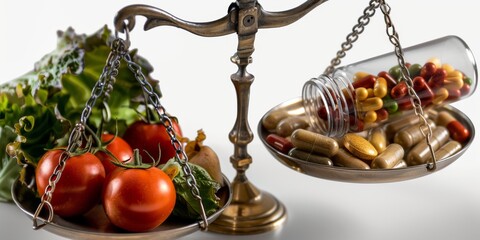 Weighing fresh vegetables against assorted supplement pills on a traditional scale