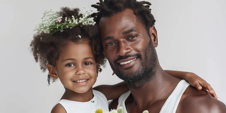 Happy african american daughter giving flowers to her father for father's day - Powered by Adobe