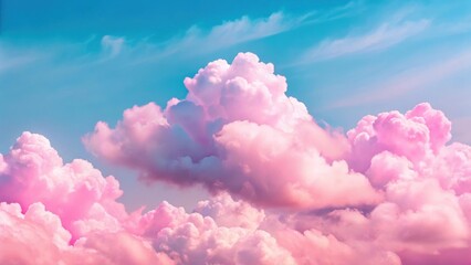 pink cloud filled sky with fluffy clouds floating in front of a blue sky background