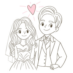 Bride and groom in beautiful outfits. Happy wedding of man and woman.