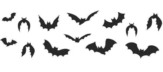 Flying bat silhouette row as Halloween border, divider. Isolated vector element in retro style. Great for frames, corner decor, or holiday banners.