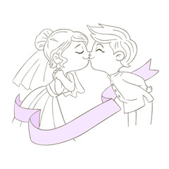 Bride and groom in beautiful outfits. Happy wedding of man and woman.