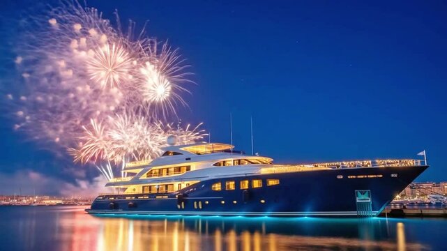 A large luxury yacht is beautifully illuminated at night as a vibrant fireworks display explodes overhead