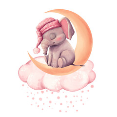 Adorable illustration of baby elephant sleeping on a crescent moon