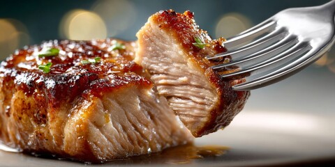 Fork lifting a piece of juicy roasted meat, savor the flavor
