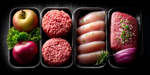 Fresh meat, chicken breast and apples inside trays, promoting healthy eating habits
