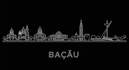 Obraz premium Bacau City Skyline Line Art with Romania, and Black.
