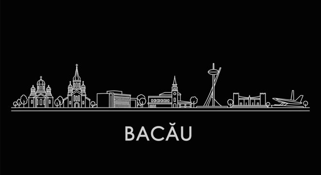 Bacau City Skyline Outline with Romania, and Black Background.