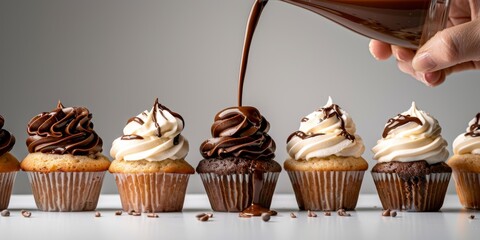 Pastry chef pouring melted chocolate on delicious gourmet cupcakes