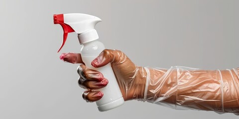Hand wearing protective gloves holding cleaning spray bottle