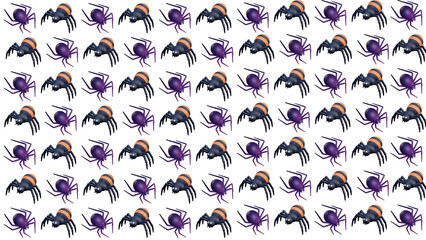 A pattern of purple and black spiders arranged on a white background in a repeating design style