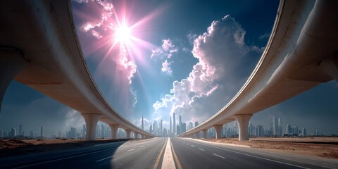 Highway leading to dubai marina under elevated rail tracks at sunset