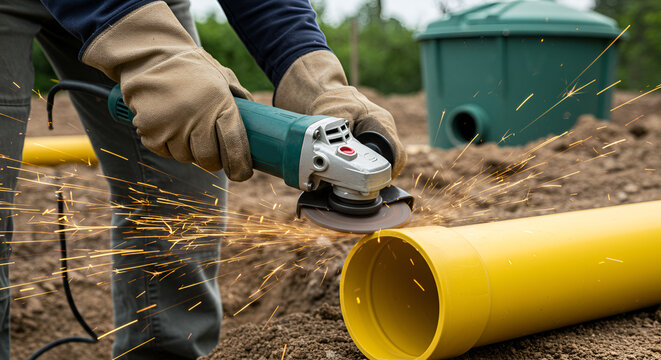 Worker Cutting Yellow Pipe with Angle Grinder outdoors - Powered by Adobe