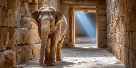 Majestic elephant walking through ancient stone corridor in india