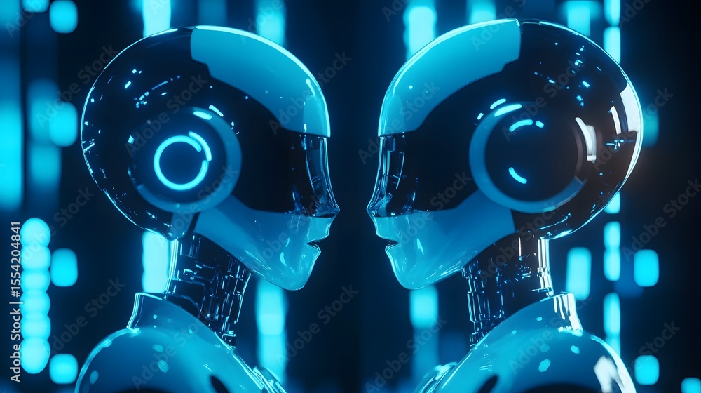 Poster two futuristic robots facing each other in a digital environment