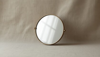 Round antique mirror reflects light and shadow on a textured beige backdrop, suggesting secrets and beauty in simplicity