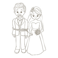 Bride and groom in beautiful outfits. Happy wedding of man and woman.