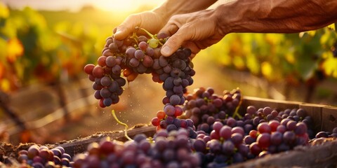 Winemaker harvesting red grapes in vineyard at sunset