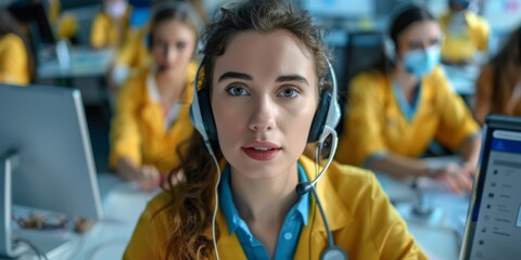 Young woman working with headset in busy ukrainian call center