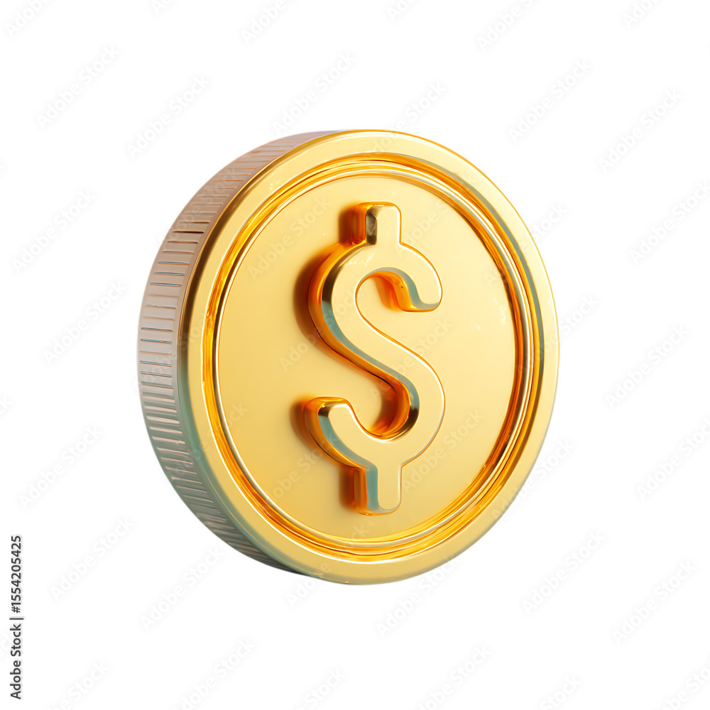 Poster shiny golden coin with dollar symbol embossed on its surface isolated on transparent background