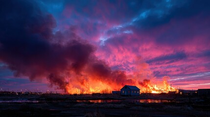 Fiery sunset over burning structures