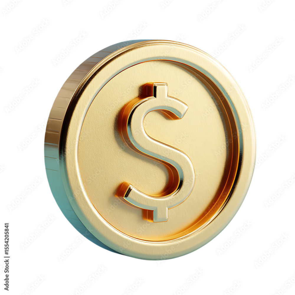 Poster a realistic 3d rendering of a shiny gold coin with a raised dollar sign symbol isolated on transpare