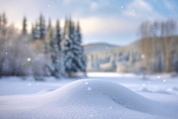 winter landscape photo with a pristine layer of snow in the foreground