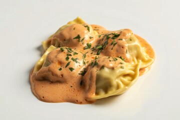 white ceramic plate piled high with a generous portion of golden-brown ravioli.