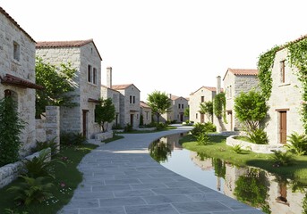 Fototapeta premium Mediterranean Village Charming Stone Houses Canal Scene on transparent background