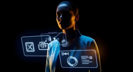 Sci-fi woman interacting with futuristic holographic digital data interface screens.