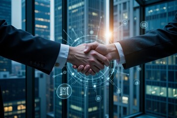 Businesspeople shaking hands with digital interface overlay.