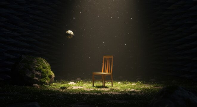 Mystical Spotlight on Chair with Earth and Stars - Surreal Cosmic Scene in Dark Enchanted Cave