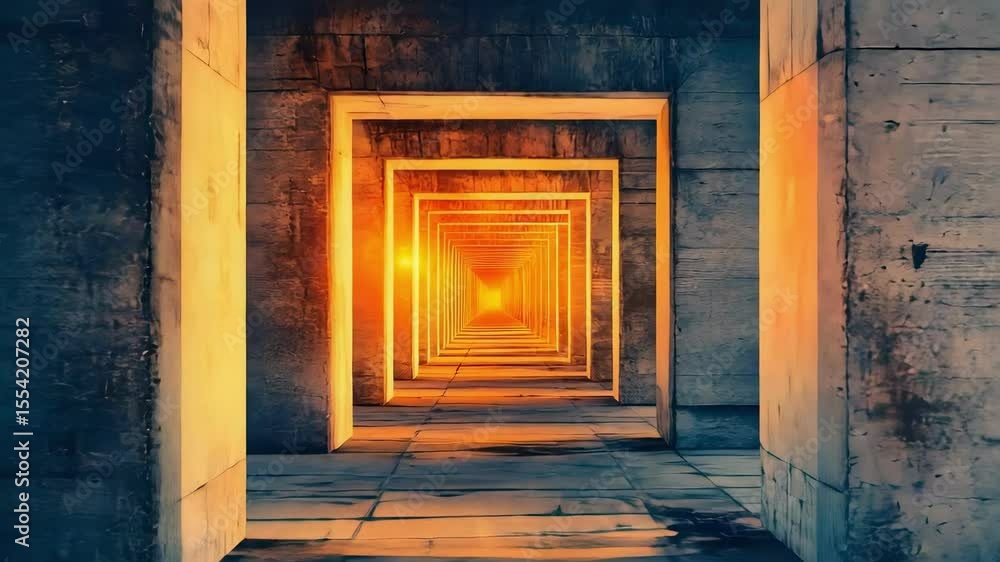 Poster a series of rectangular concrete frames creating a perspective view, illuminated by warm sunlight at